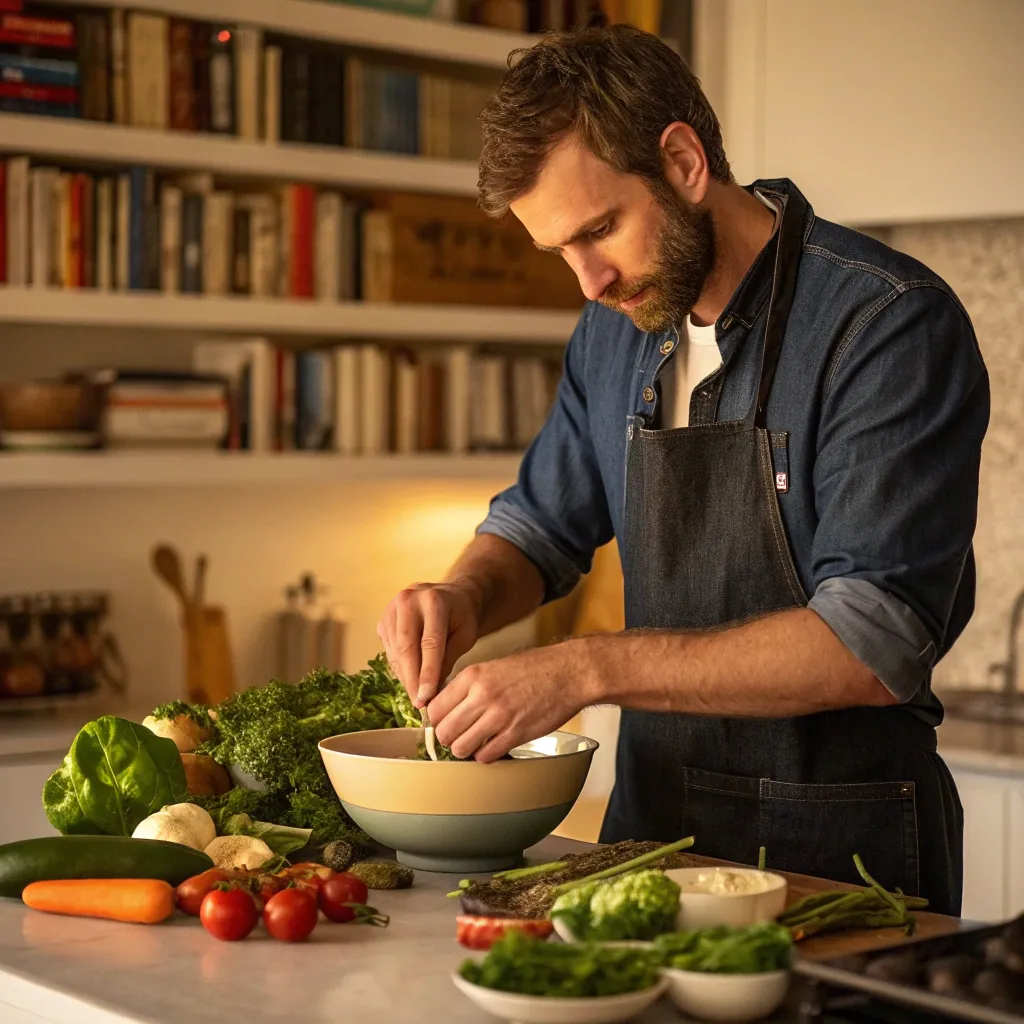 James Thompson experimenting with plant-based recipes