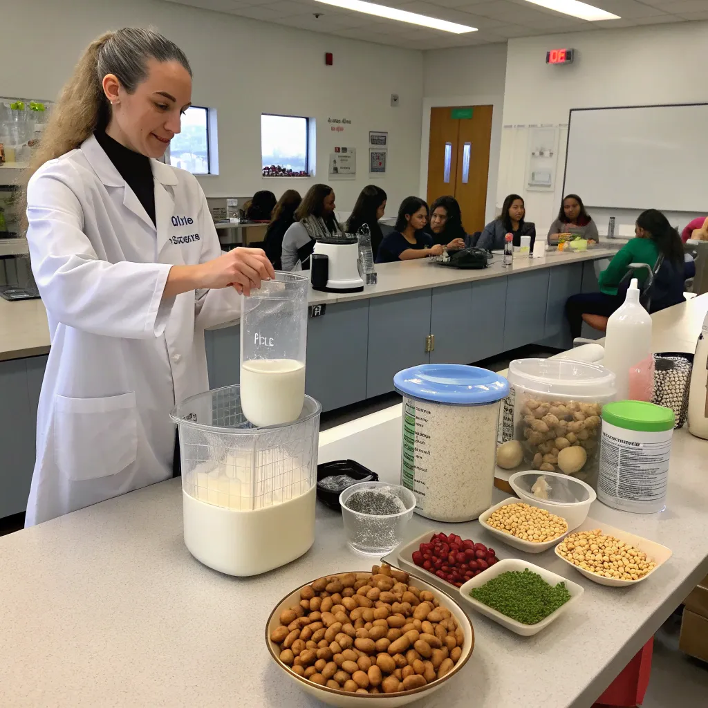 Instructor demonstrating plant-based milk preparation in class